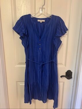 LOFT Cobalt Blue V-Neck Tie-Waist Midi Dress with Flutter Sleeves